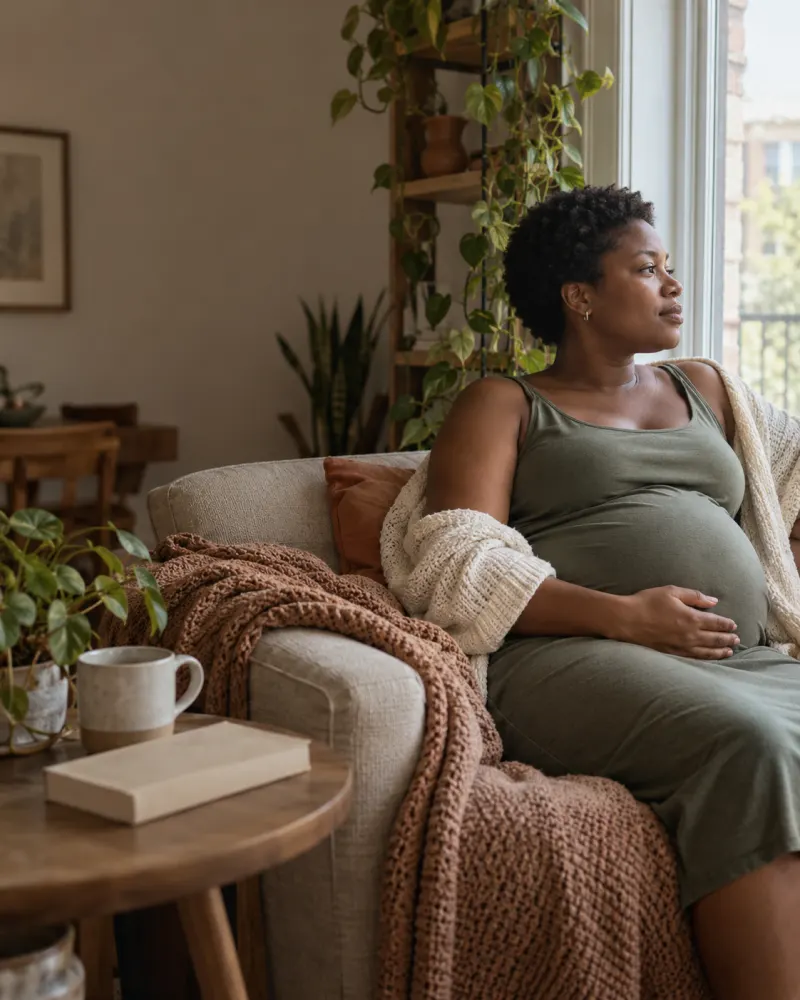 Pregnant woman resting on a sofa by a sunny window, one hand on her belly